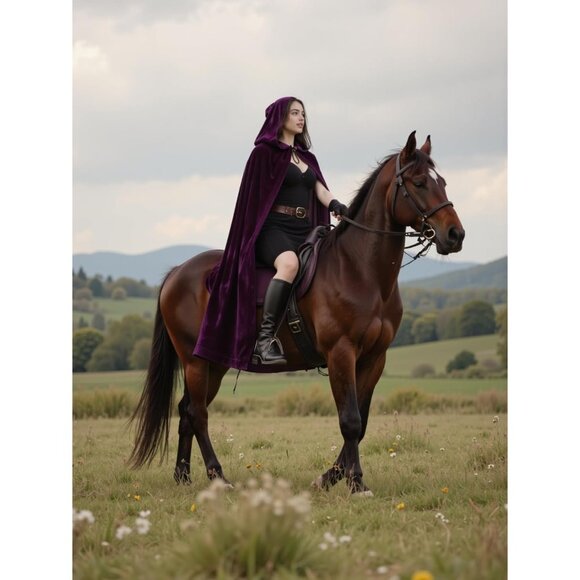 Women Purple Witch Imported Velvet Cloak Halloween Hooded Cape Medieval Costume - Picture 6 of 7